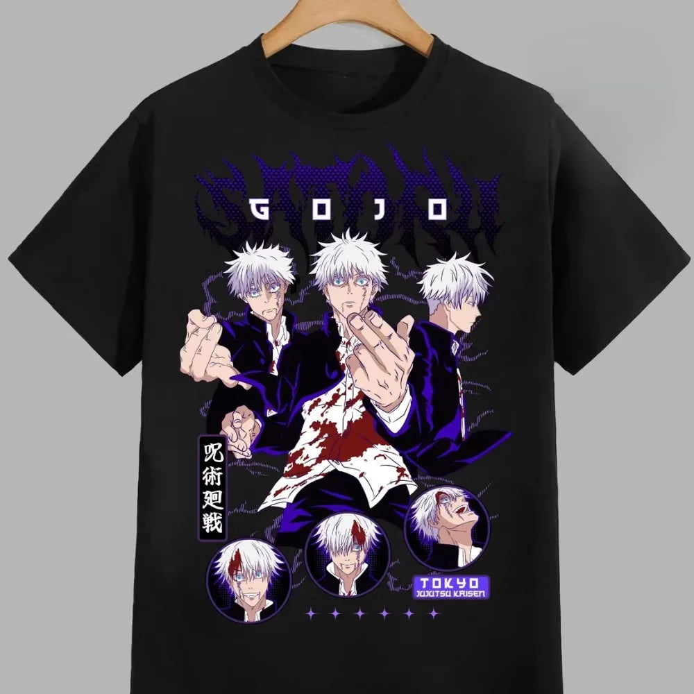 T-shirt Jujutsu Kaisen noir avec grand visuel Gojo et personnages imprimés sur le devant