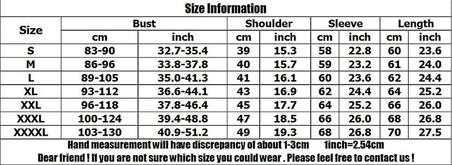Size chart with bust, shoulder, sleeve, and length measurements for S–XXXL
