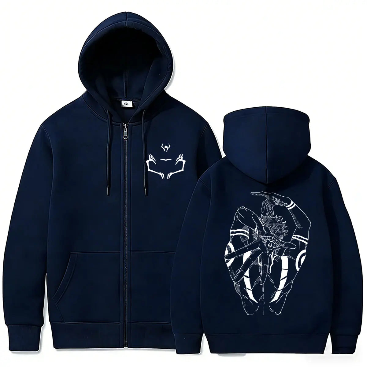 Veste à capuche zippée bleu marine, imprimé démon aux yeux devant et dos, poches kangourou