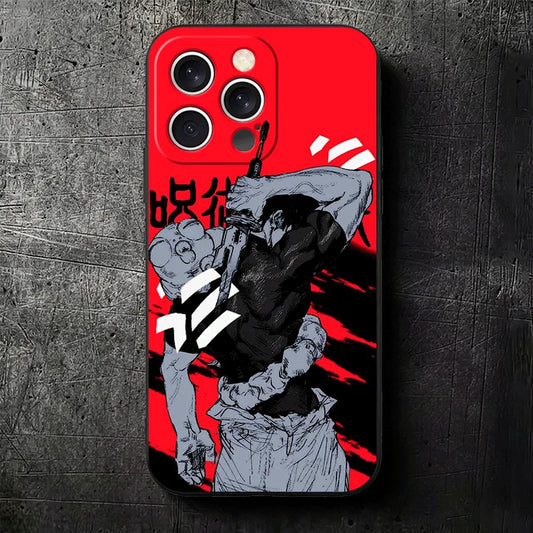 Coque iPhone rouge avec illustration Toji en pose iconique, contours noirs