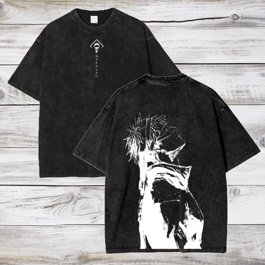 T-shirt noir manches courtes, encolure ronde, grand visuel imprimé devant et dos