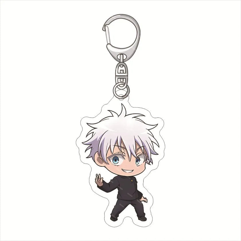 Porte-clés Satoru Gojo chibi, cheveux blancs, tenue noire, clip anneau
