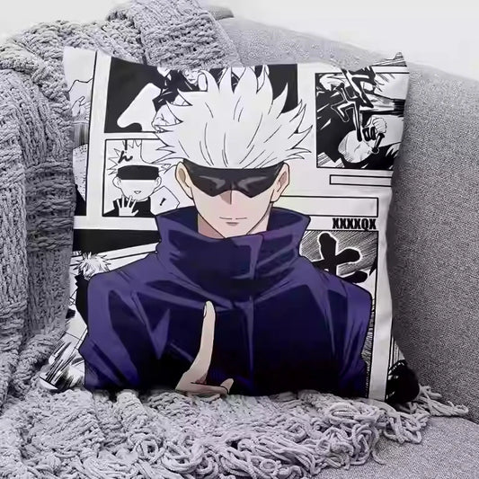Coussin Jujutsu Kaisen Gojo Bandeau Planches Blanches : housse de coussin carré Gojo bandeau, illustration noir et blanc sur fond violet