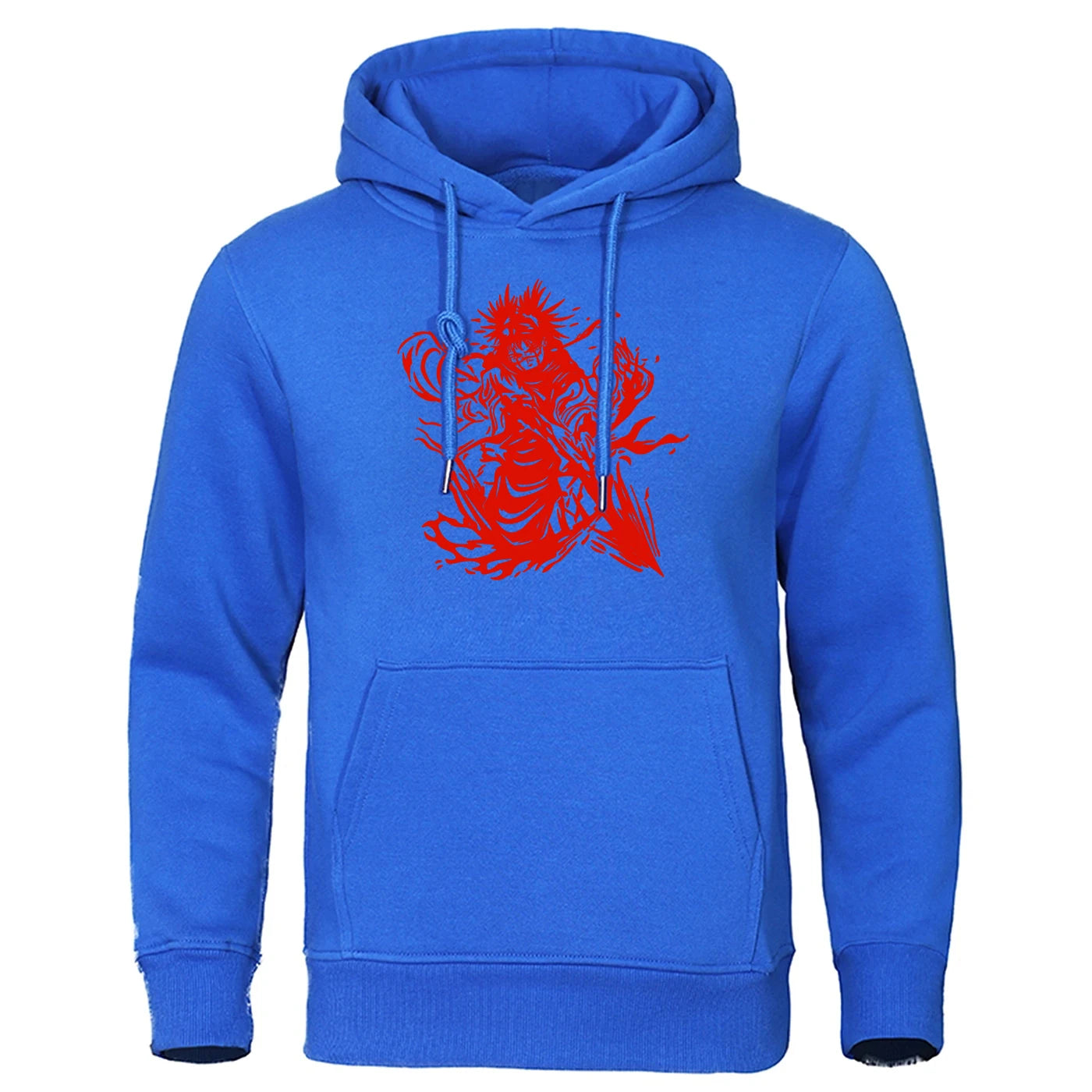 Sweat à capuche bleu avec grand motif rouge au centre et capuche à cordon.