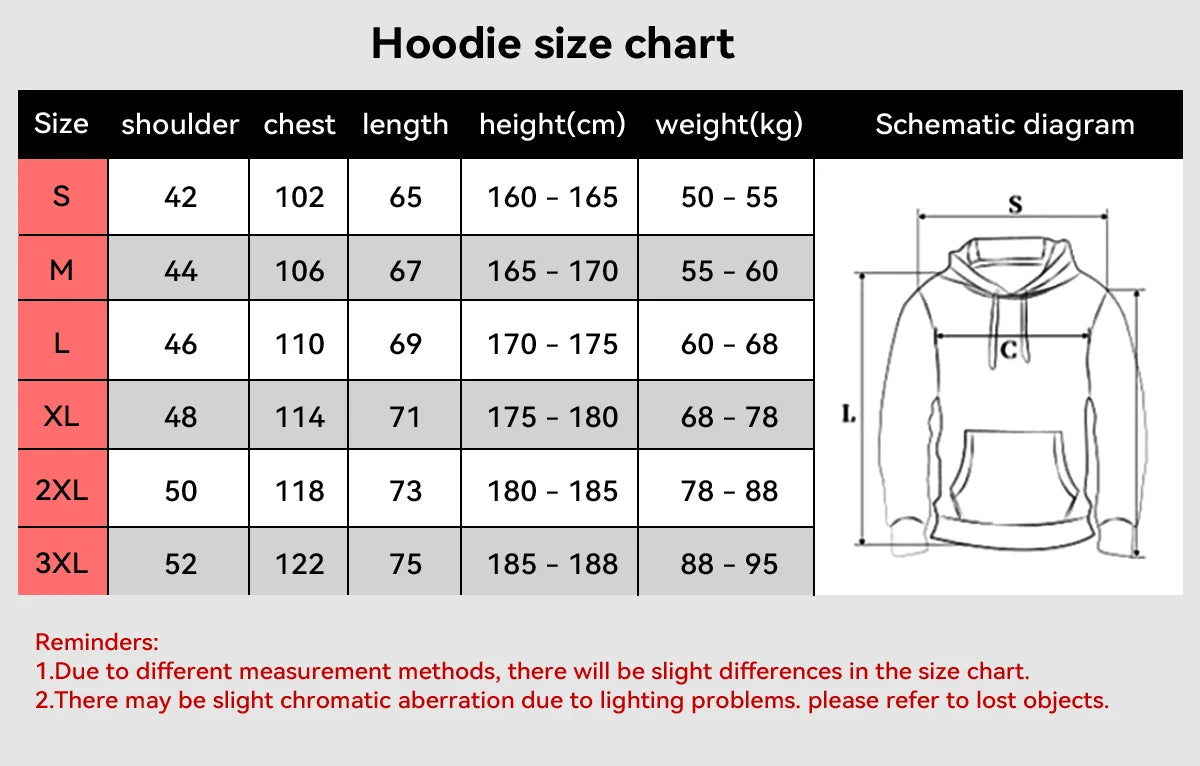 Hoodie size chart showing shoulder, chest, length, height, and weight by size S–XXXL