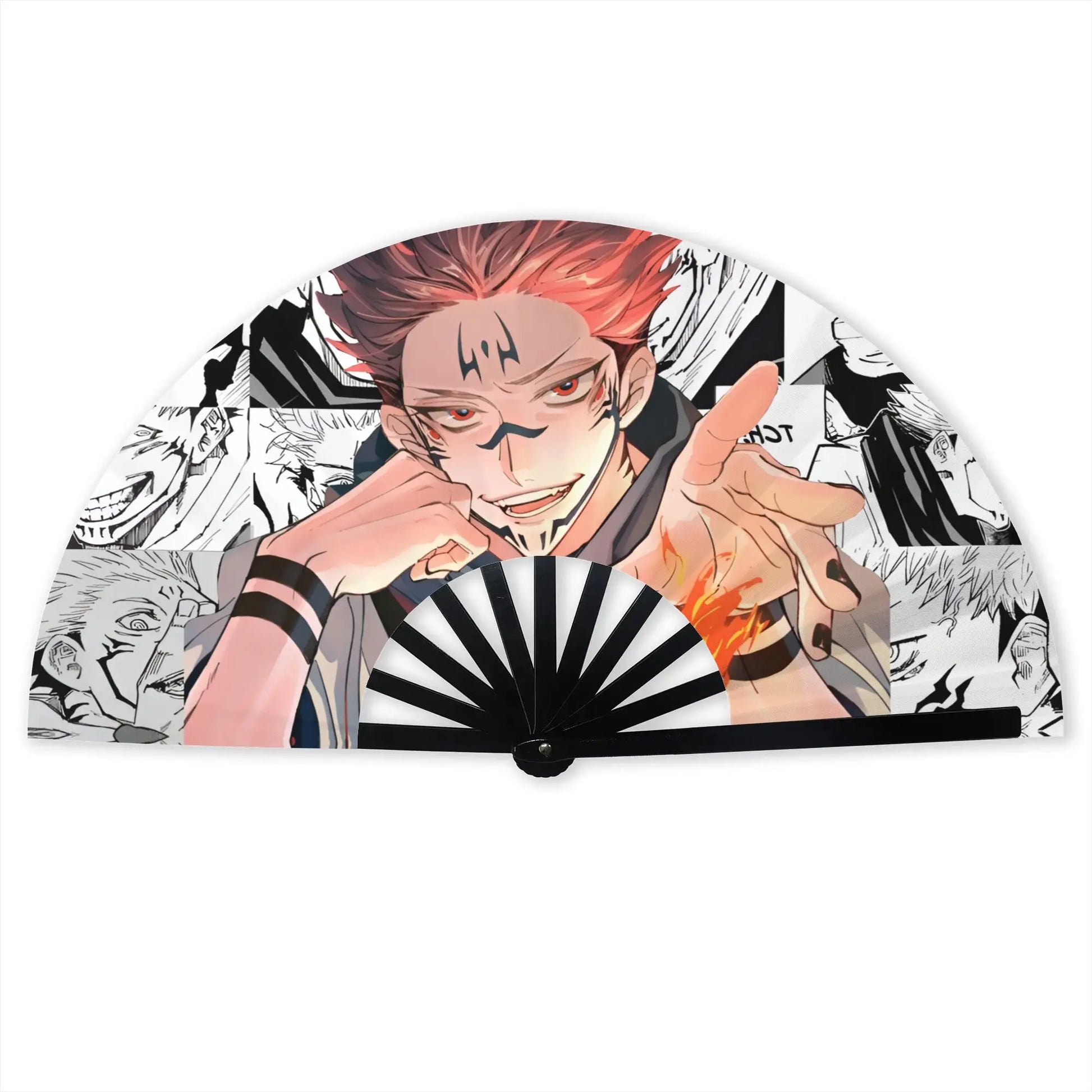 Éventail pliant noir et blanc, motif manga Ryomen Sukuna, poignée noire