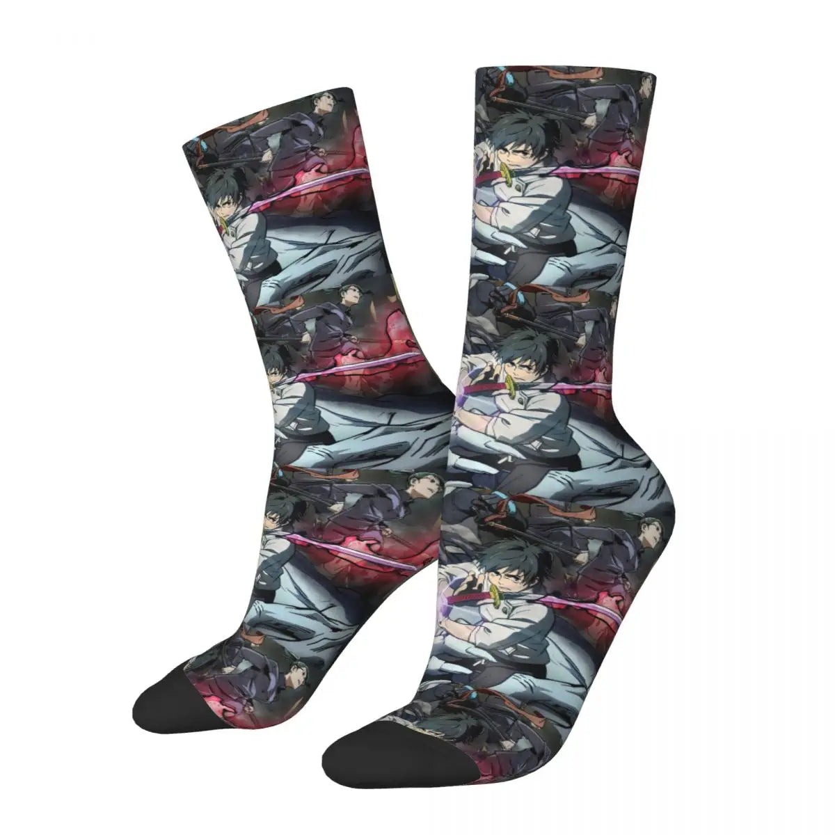 Crew socks with anime character print, dark gray base and red accent details