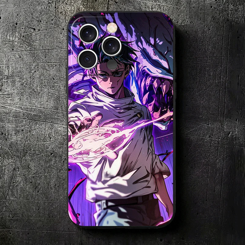Coque iPhone sombre avec Yuta, illustration violette et lueur lumineuse.