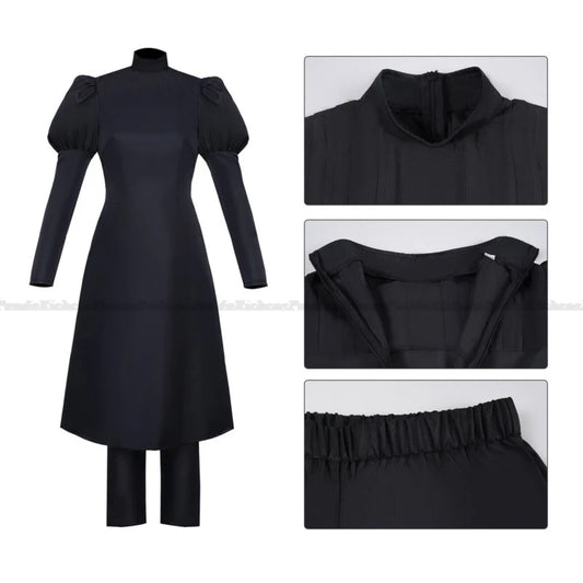 Robe noire à col montant, manches bouffantes, détails de couture, avec pantalon