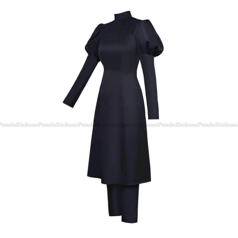 Robe noire à col montant, manches longues, bas évasé, tenue avec pantalon assorti