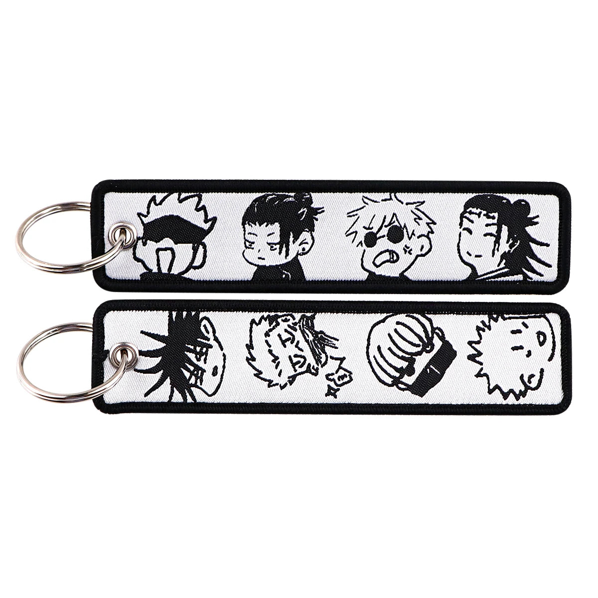 Porte-clés Jujutsu Kaisen Groupe Manga Noir et Blanc : double en tissu noir et blanc, visages manga monochromes.