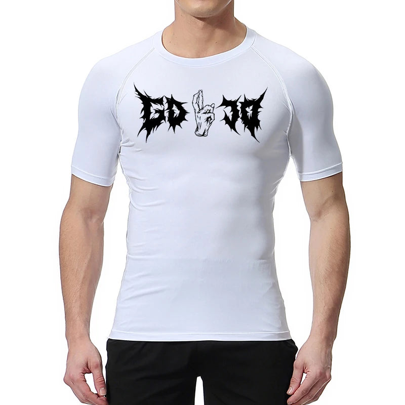 T-shirt compressif blanc manches courtes, imprimé graphique noir et gris au buste.