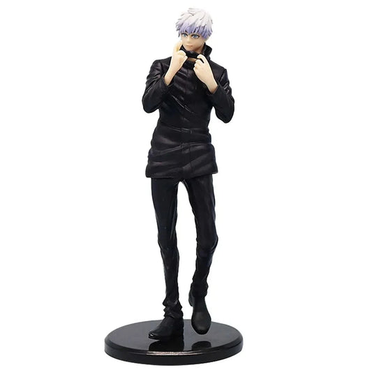 Figurine Gojo Satoru debout, doigt levé, cheveux blancs, tenue noire, sur socle