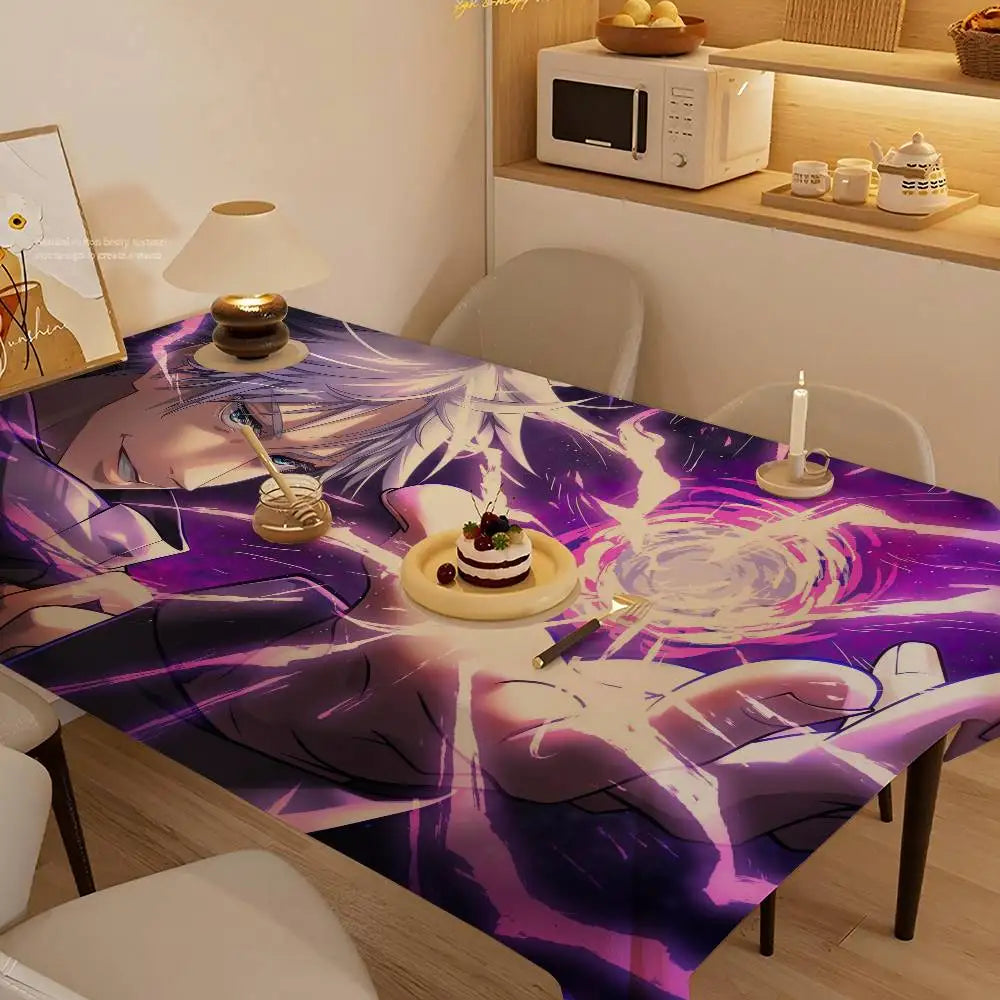 Nappe rectangulaire violette avec visages et motifs anime de Gojo, imprimé.