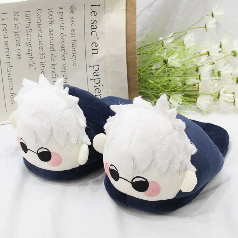 Chaussons en peluche bleu marine à visages blancs, lunettes rondes et oreilles blanches