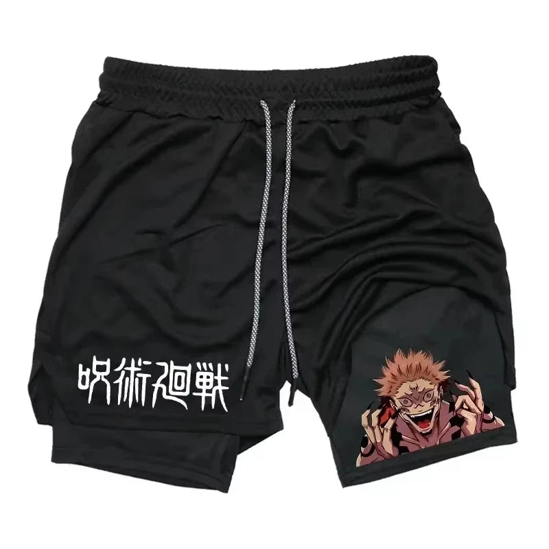 Shorts noirs mi-cuisse à cordon, impression manga sur la jambe.