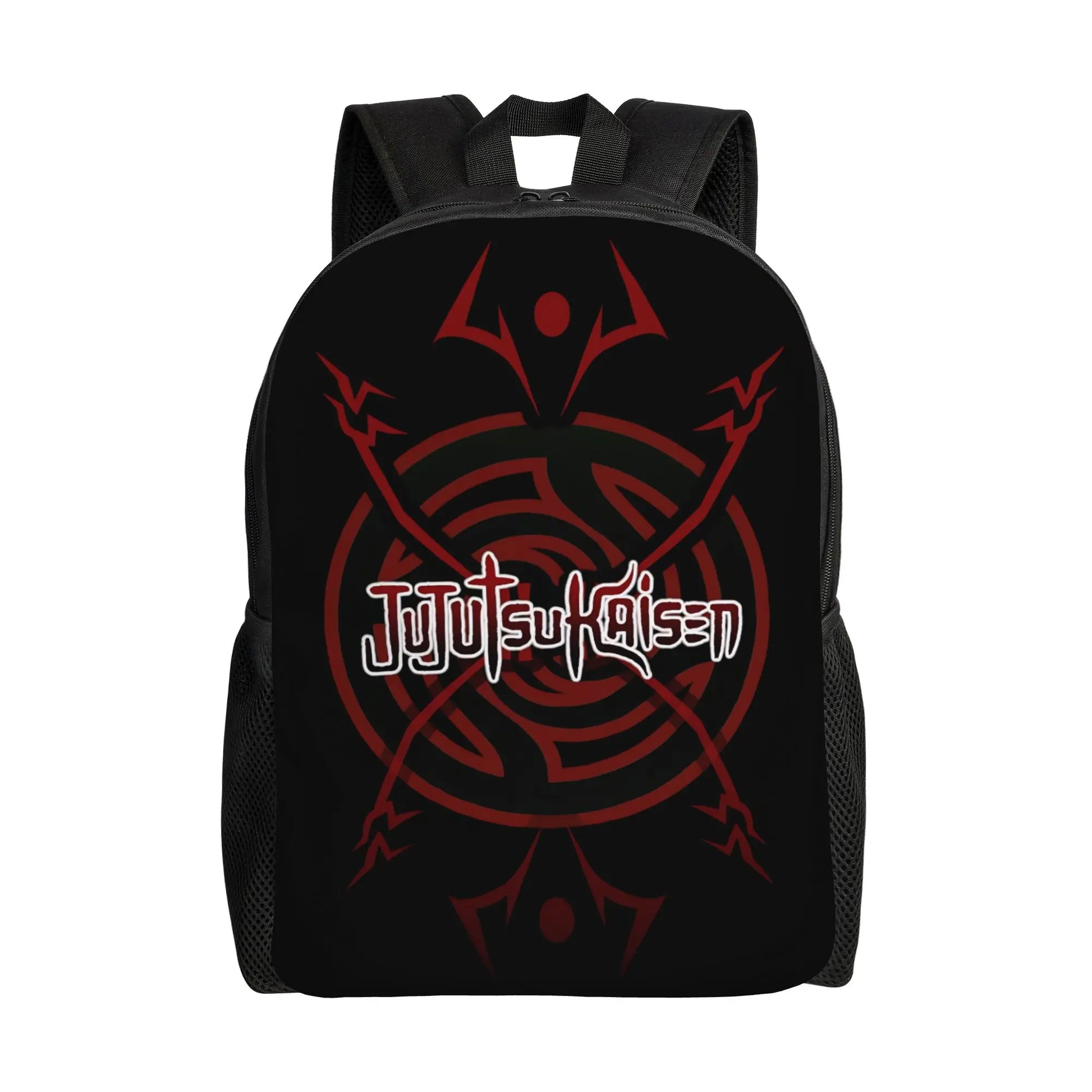 Sac à dos noir avec symbole rouge, bretelles et panneau avant imprimé.