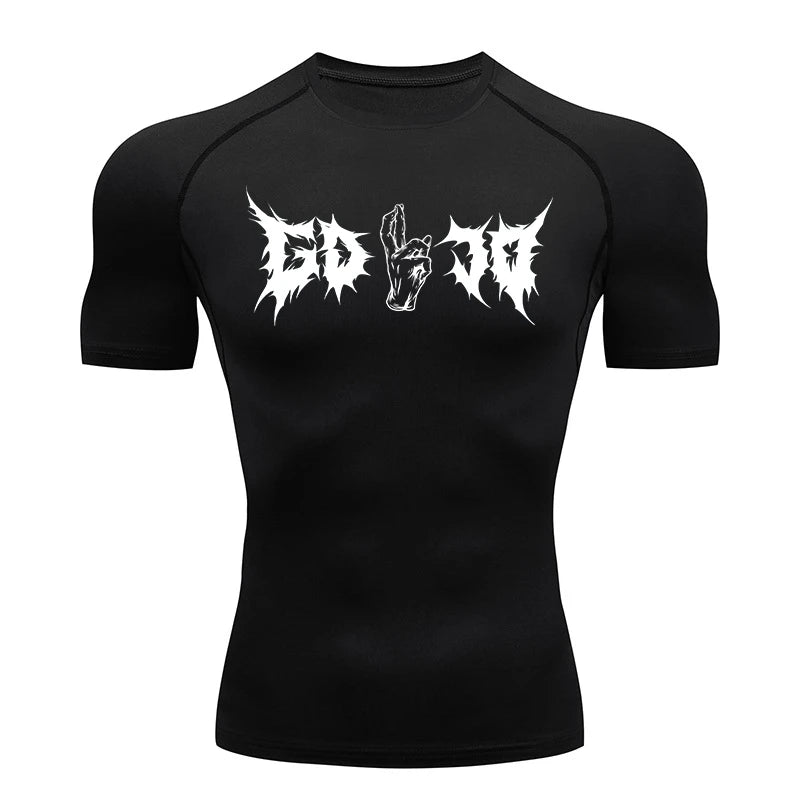 T-shirt compressif noir manches courtes, imprimé graphique blanc au buste.