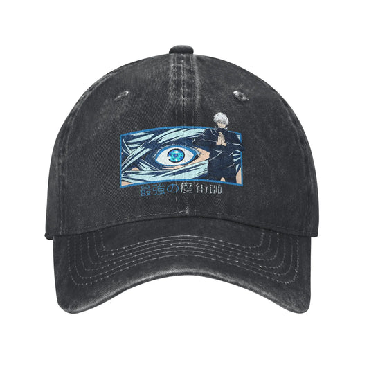 Casquette noire avec visuel bleu et personnage à l’avant, broderie sur la calotte