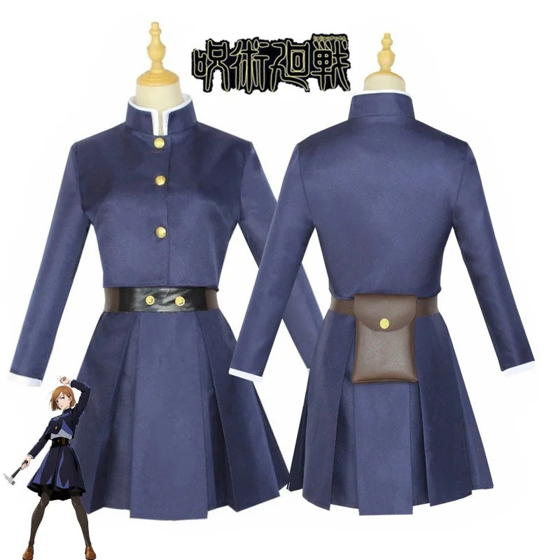 Costume cosplay : veste bleu marine à boutons dorés et jupe plissée, ceinture