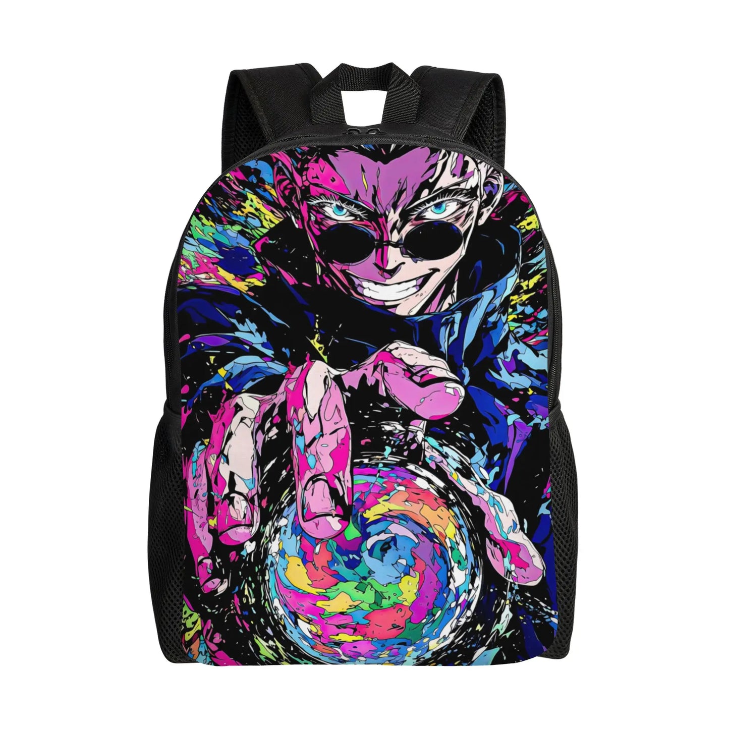 Sac à dos noir en tissu avec motif pop art multicolore du personnage