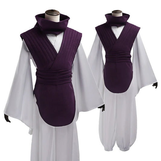 Cosplay Jujutsu Kaisen Choso : ensemble de cosplay : gilet violet côtelé, haut blanc kimono, ceinture et pantalon assortis.