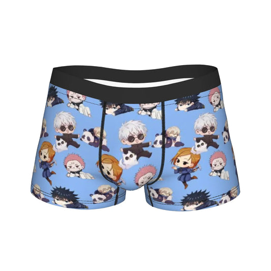 Boxer homme bleu à motif anime, ceinture élastique noire, coupe courte
