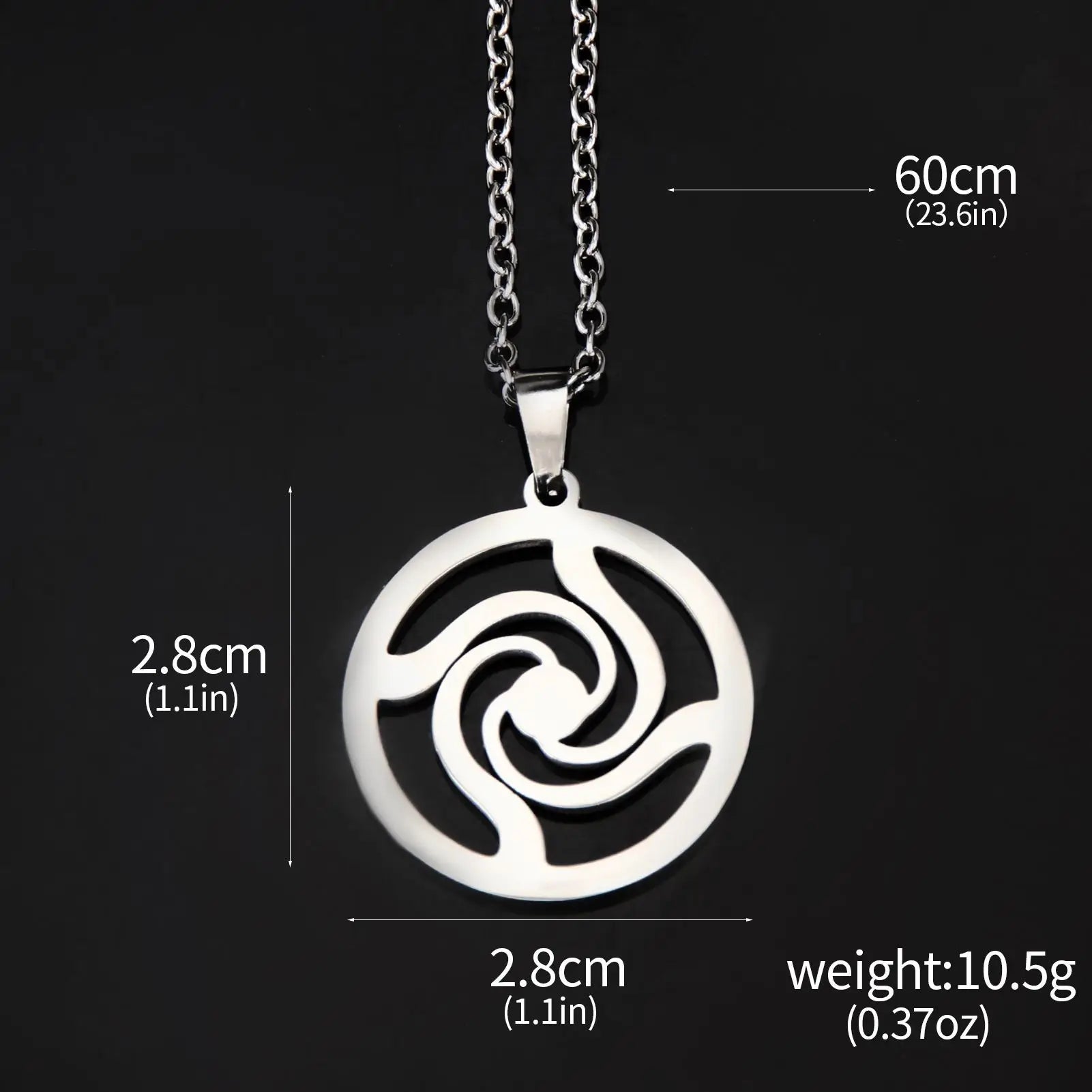 Collier Jujutsu Kaisen avec pendentif rond blanc et symbole tourbillon noir, chaîne argent