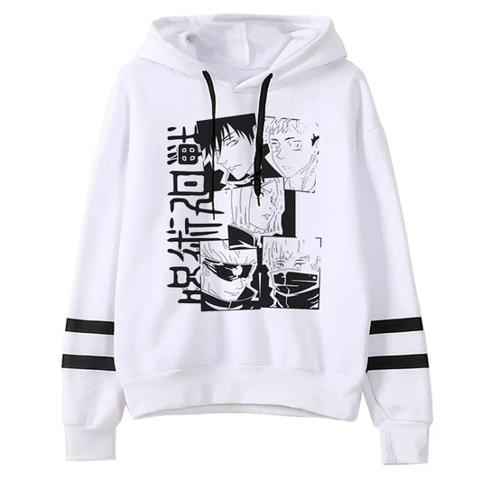 Pull Jujutsu Kaisen Choso Cases Manga Verticales : sweat à capuche blanc avec imprimé manga vertical et manches rayées noires