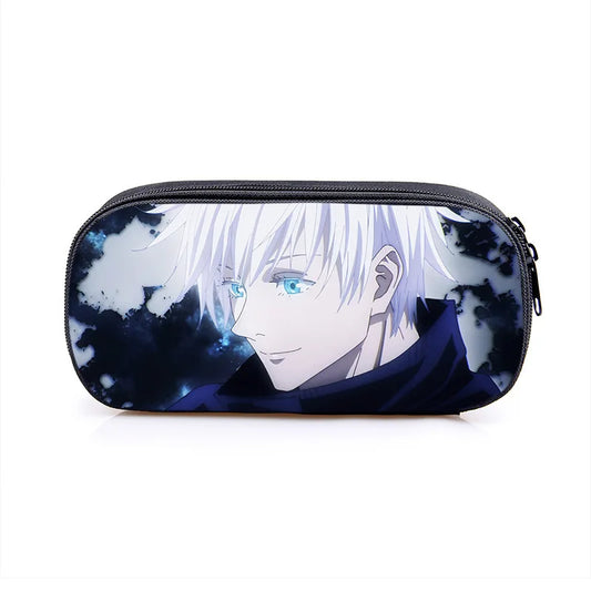 Trousse Jujutsu Kaisen Six Eyes Aura : à fermeture éclair, imprimé bleu et noir, forme ovale