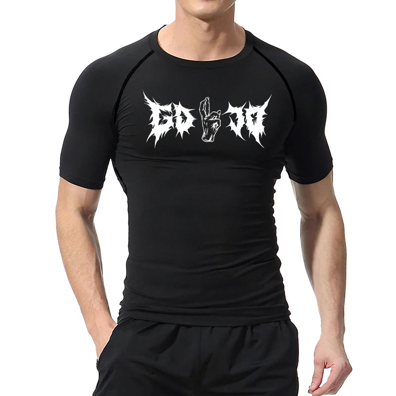 T-shirt compressif noir manches courtes, imprimé graphique blanc au centre.