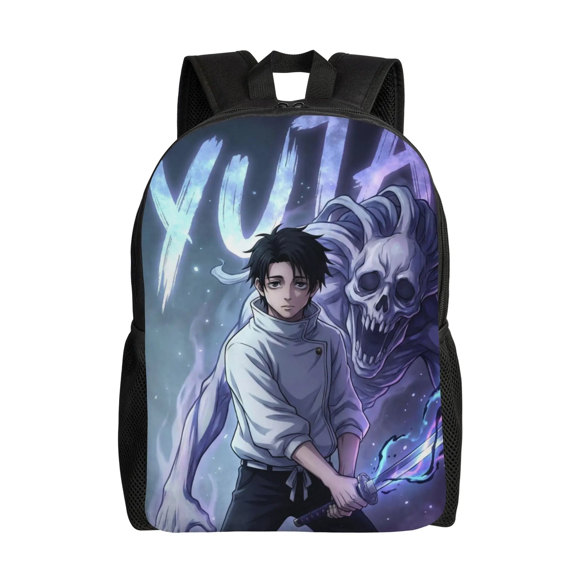 Sac à dos à bretelles noires, impression bleu violet personnage et crâne