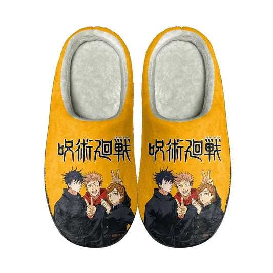 Chaussons Jujutsu Kaisen jaunes à motif anime, semelle noire, enfiler.