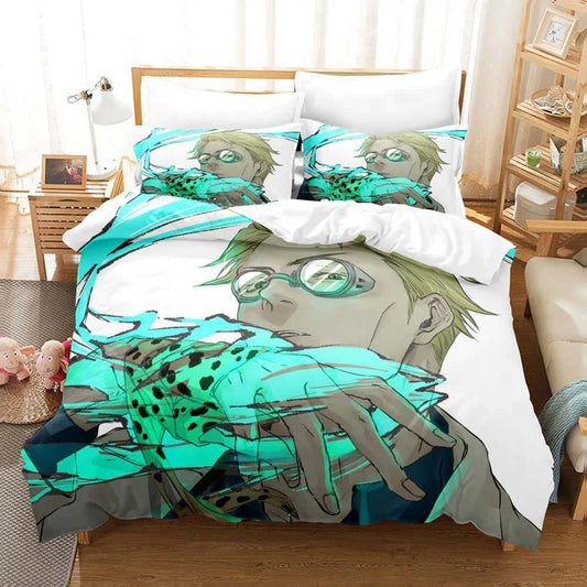 Parure de lit Jujutsu Kaisen Nanami Énergie Occulte : housse et taies à motif anime vert et bleu, personnage.