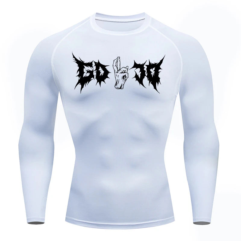 T-shirt de compression blanc à manches longues, imprimé noir et gris au centre.