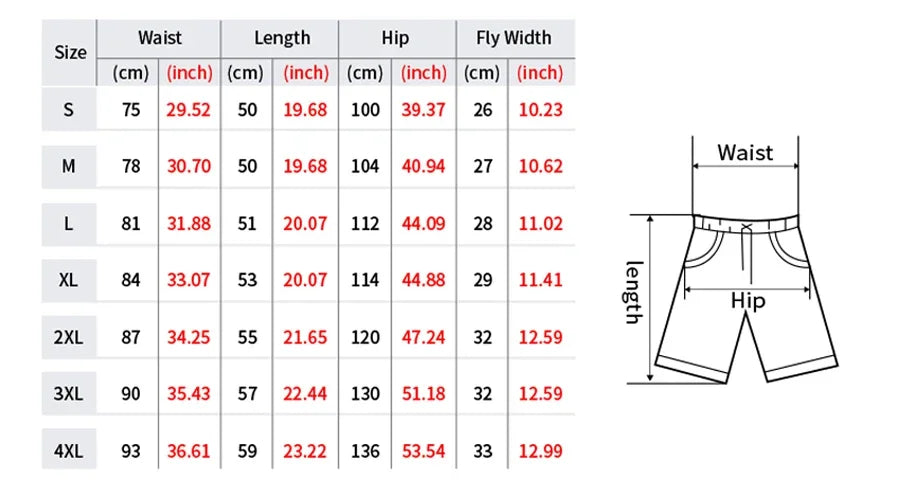 Tableau des tailles pour short : tour de taille, longueur et hanches.
