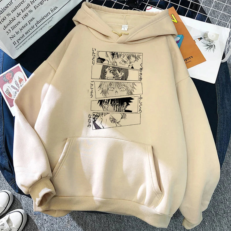 Sweat à capuche beige avec suite de vignettes manga en noir sur la poitrine