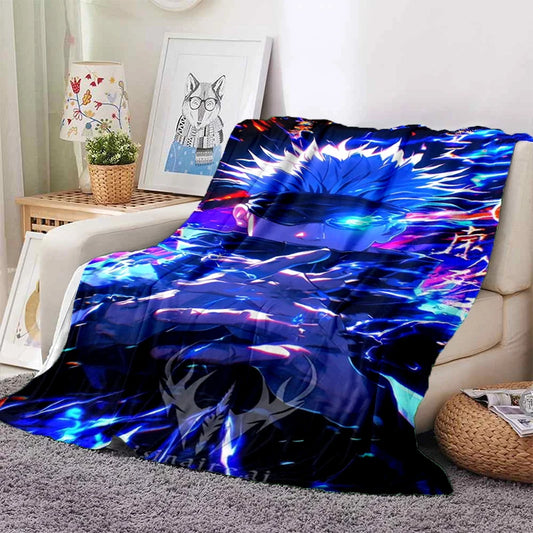 Plaid Jujutsu Kaisen Gojo Énergie Infinie : en tissu bleu et violet, motif énergie infinie et personnages animés