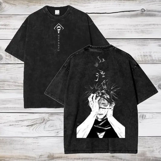 T-shirt noir col rond avec imprimé manga en grand format au dos
