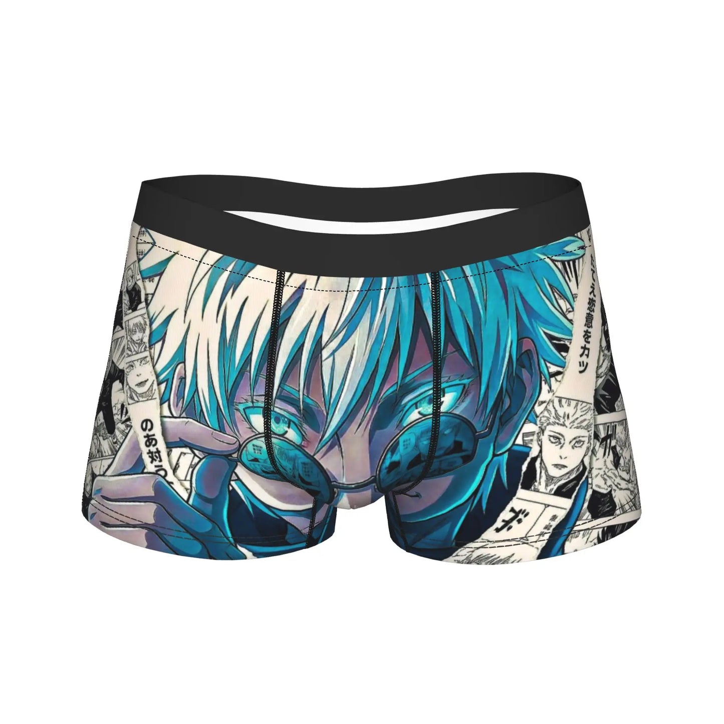 Boxer noir avec imprimé anime bleu-vert et visière, ceinture noire contrastée