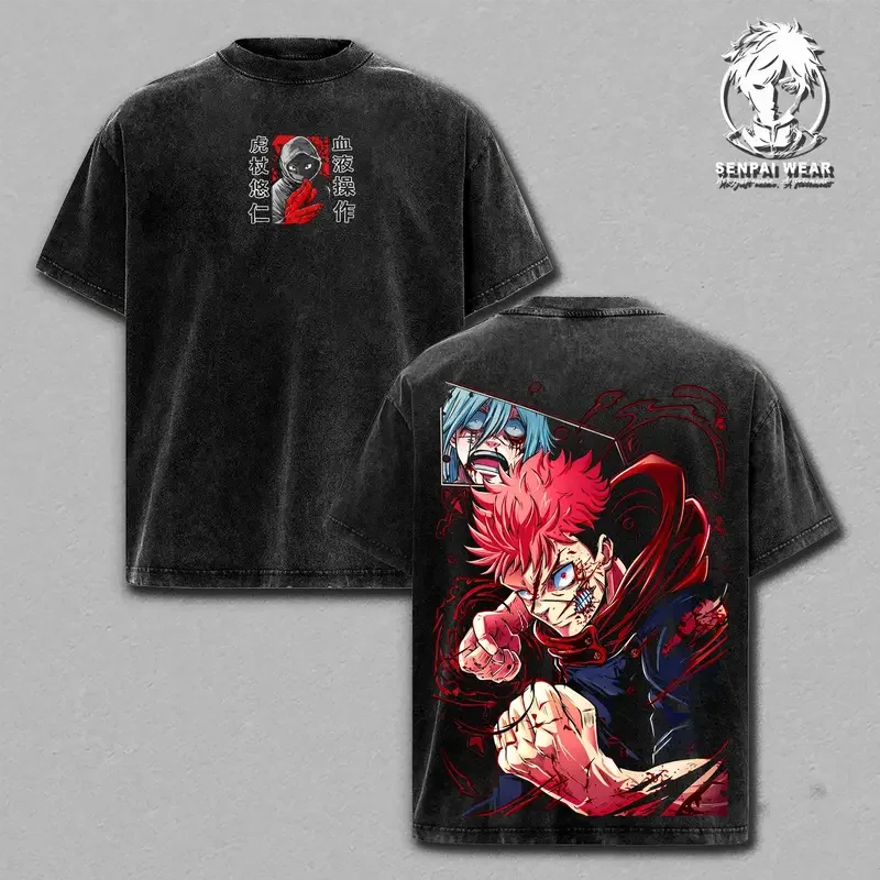 T-shirt noir col rond, visuel manga Yuji x Mahito devant et dos