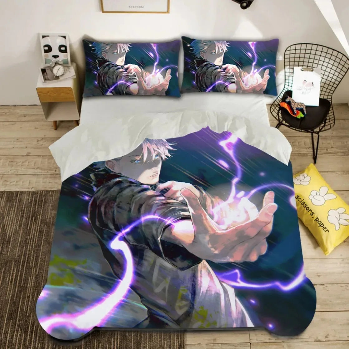 Housse de couette et taies d’oreiller avec personnage Gojo, motifs lumineux violets