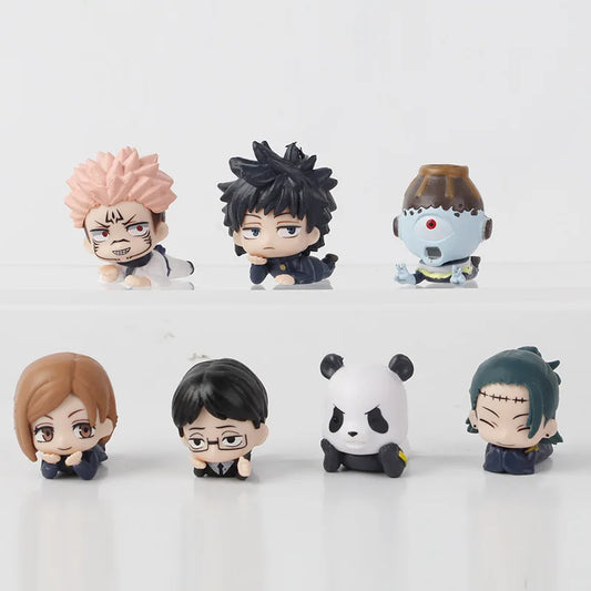 Mini-figurines Jujutsu Kaisen chibi, 7 personnages variés, vue d’ensemble frontale.