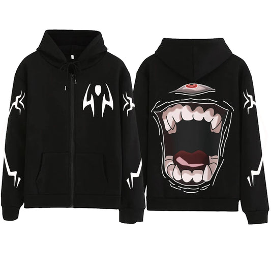 Veste à capuche zippée noire, imprimés manga sur le torse et les manches.