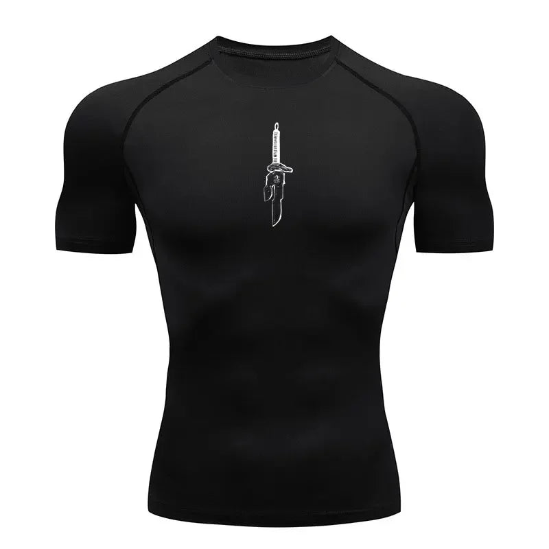 T-shirt de compression noir, impression blanche d’épée verticale au centre.