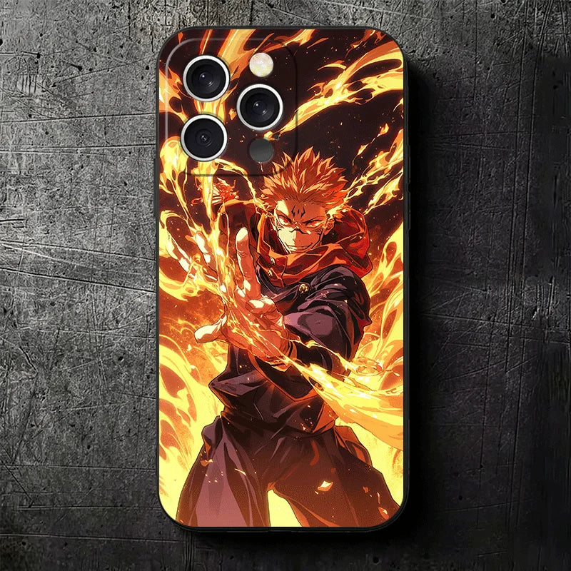 Coque iPhone Ryomen Sukuna, illustration feu orange avec personnage en mouvement, caméras arrière