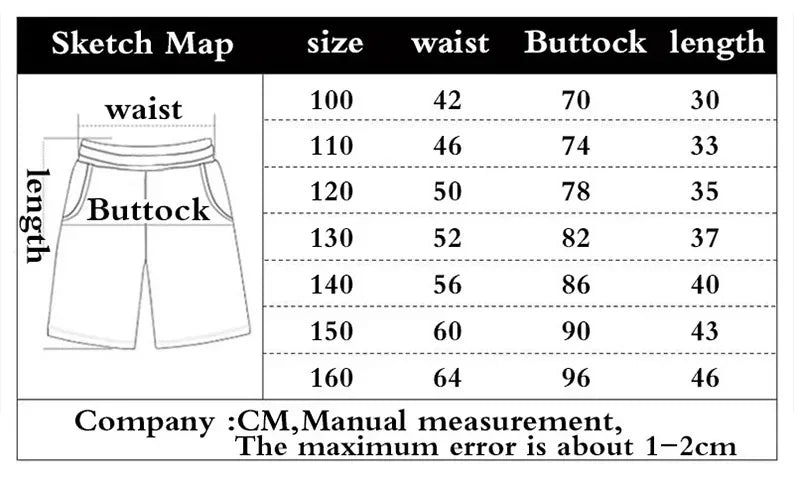 Tableau des mesures du short : tour de taille, hanches et longueur