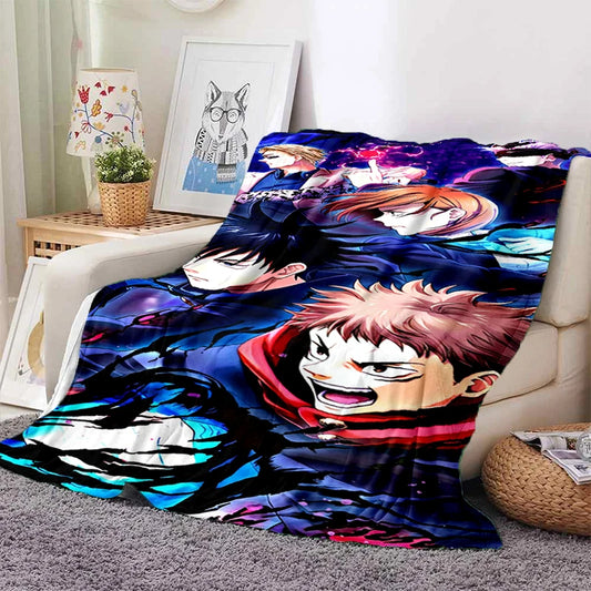 Plaid Jujutsu Kaisen Yuji x Megumi x Nobara x Nanami : couverture en plaid multicolore avec visages de personnages animés, fond bleu et