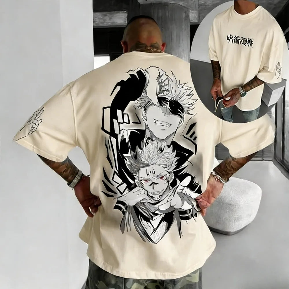 T-shirt oversize beige clair avec grand motif noir, vue de dos