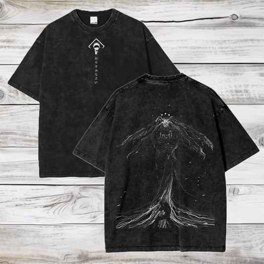 T-shirt noir avec motif Mahoraga au centre, col rond et manches courtes